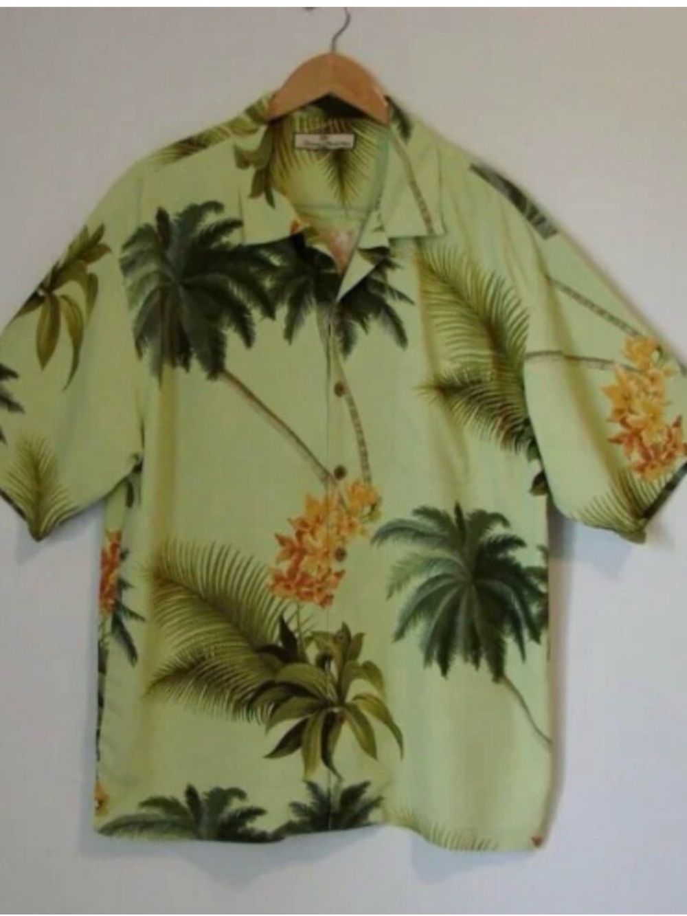 Tommy Bahama Light Green Palm Tree Print Hawaiian Shirt